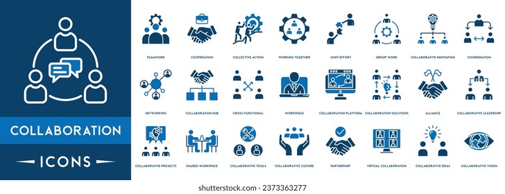 Collaboration icons set. Business team, collaboration, teamwork, team management, discussion, interaction and solution.