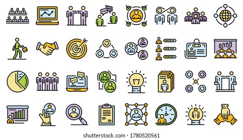 Conjunto de iconos de colaboración. Conjunto de esquemas de colaboración iconos vectoriales color de línea delgada plano sobre blanco