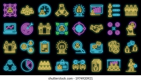 Collaboration icons set. Outline set of collaboration vector icons neon color on black