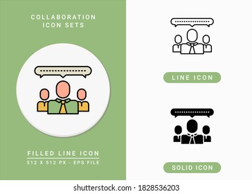 Los iconos de colaboración establecen la ilustración vectorial con el estilo de línea de icono sólido. Símbolo de red comercial. Icono de trazo editable en fondo aislado para diseño web, interfaz de usuario y aplicación móvil