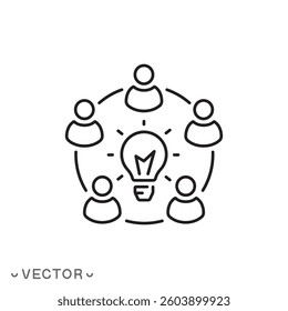 collaboration idea icon, collaborative innovation, creative vision of a group of people concept, thin line symbol isolated on white background, editable stroke eps 10 vector illustration