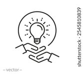 collaboration idea icon, two hands and a light bulb, collaborative innovation, the creative vision of a group of people, thin line symbol - editable stroke vector illustration