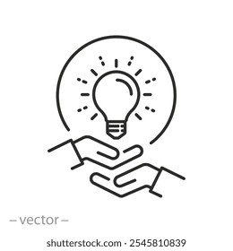 ícone de ideia de colaboração, duas mãos e uma lâmpada, inovação colaborativa, a visão criativa de um grupo de pessoas, símbolo de linha fina - ilustração vetorial de traço editável