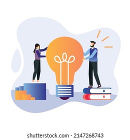 Collaboration ideas for business man and women hold a big bulp lamp vector art concept illustration