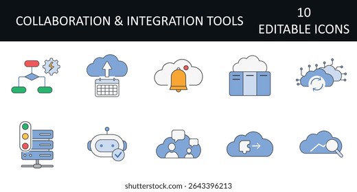 Ícones de Ferramentas de Colaboração e Integração incluindo placa de projeto, hub de colaboração, fluxo de trabalho automatizado, integração de aplicativos, página de status, sincronização de dados, notificações na nuvem, inicialização de tarefas, agendador de backup.