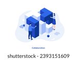 Collaboration isometric concept vector illustration. Working team collaboration, enterprise cooperation, colleagues mutual assistance, problem solving, effective communication abstract metaphor.