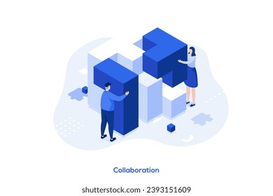 Collaboration isometric concept vector illustration. Working team collaboration, enterprise cooperation, colleagues mutual assistance, problem solving, effective communication abstract metaphor.