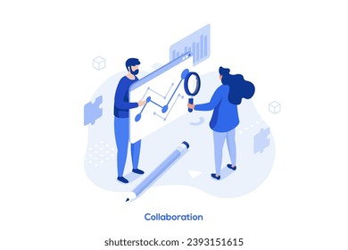 Collaboration isometric concept vector illustration. Working team collaboration, enterprise cooperation, colleagues mutual assistance, business meeting, effective communication abstract metaphor.