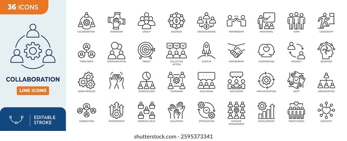 Collaboration line editable icon set. Containing Team,, Togetherness, Communication, Crowdfunding, Cooperation, Social, and more. Vector illustration