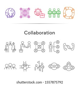 Collaboration line icon set. Meeting, handshake, team, giving high five. Business concept. Can be used for topics like teamwork, company structure, startup