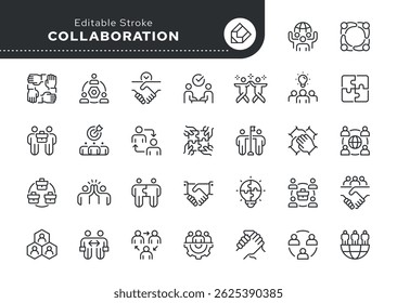 Collaboration line icon set. Partnership, partners, handshake, teamwork, team, . Outline icon in linear style. Vector collection.	
