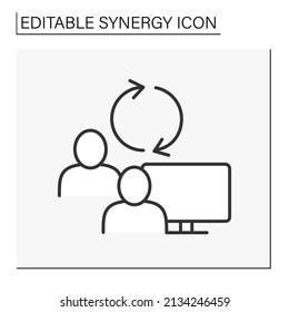 Collaboration line icon. Two people exchange knowledge. Modern technology. Coworking. Creating ideas through teamwork. Synergy concept. Isolated vector illustration. Editable stroke