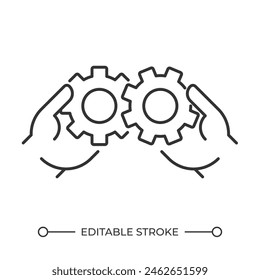 Icono lineal de colaboración. Manos sosteniendo engranajes. Símbolo de trabajo en equipo y trabajo colectivo. Optimización de procesos. Ilustración de línea fina. Símbolo de contorno. dibujo de contorno de Vector. Trazo editable