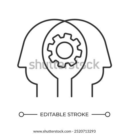 Collaboration linear icon. Teamwork concept. Problem solving. Two human heads and gear icon. Share knowledge. Thin line illustration. Contour symbol. Vector outline drawing. Editable stroke