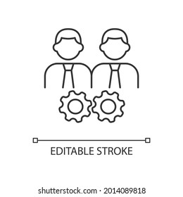 Collaboration linear icon. Two men and gears. Achieve goal together. Group members interacting. Thin line customizable illustration. Contour symbol. Vector isolated outline drawing. Editable stroke