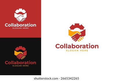 Logotipo de colaboración con Ilustración vectorial de Plantilla de diseño de engranajes de apretón de manos