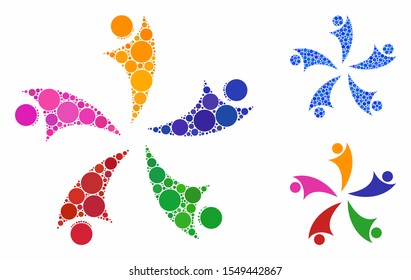 Collaboration logo mosaic of small circles in variable sizes and color tinges, based on collaboration logo icon. Vector small circles are organized into blue mosaic.