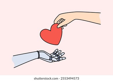 Collaboration of man and artificial intelligence is demonstrated by hands exchanging heart symbolizing readiness of synergy. Artificial intelligence or ai robot gains soul and emotions from humans