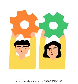 Collaboration. Man and woman hold gears. Illustration on white background. 