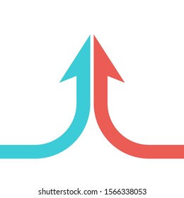 Collaboration, merger, partnership and growth concept. Arrow shaped by two turquoise blue and red parts merging isolated on white. Flat design. Vector illustration, no transparency, no gradients