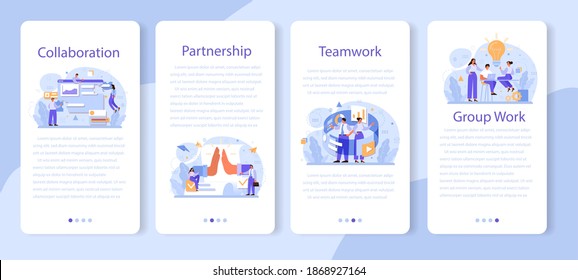Juego de banners de aplicación móvil de colaboración. Personajes de Office trabajando en equipo. Idea de éxito, trabajo en equipo y cooperación. Ilustración vectorial plana aislada