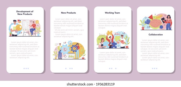 Collaboration mobile application banner set. Office characters working