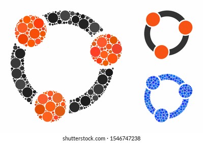Collaboration mosaic of round dots in different sizes and color tinges, based on collaboration icon. Vector dots are combined into blue mosaic. Dotted collaboration icon in usual and blue versions.