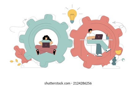 Collaboration. New idea. Teamwork. Cooperation between men and women. Brainstorm. Effective interaction. Searching of decisions. Application developers. Vector flat illustration