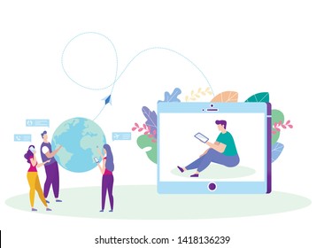 Collaboration on Distance Learning. Distance Learning. E-Learning. Online Training. Man with Tablet. New Technologies. Vector Illustration. Achive Goal. Man on Monitor Screen. Correspond with Teacher.