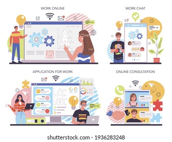Collaboration online service or platform set. Office characters working