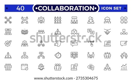 Collaboration outline icon set. Containing team working together, partnership, work group, agreement, handshake, support, structure hierarchy, co-worker, cooperation.
