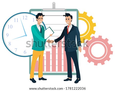 Collaboration of partners vector, man with clipboard contract document. Agreement of sides, time management, cogwheels process symbol and clock icon