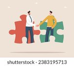 Collaboration or partnership to achieve common goals and excellence, brainstorming to create business ideas or strategy, teamwork to achieve best result and great success, men shaking hands in puzzles