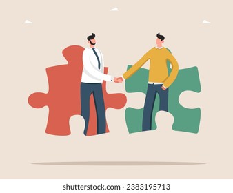 Collaboration or partnership to achieve common goals and excellence, brainstorming to create business ideas or strategy, teamwork to achieve best result and great success, men shaking hands in puzzles