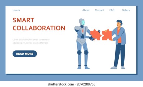 Collaboration, partnership between intelligent robot and human in business. Banner with concept of using cyborg with ai by people in office. Flat vector illustration isolated on white background