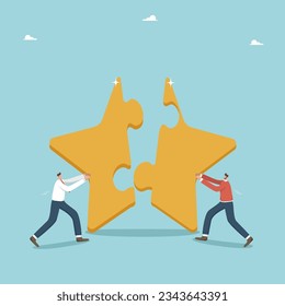 Collaboration or partnership for great success, teamwork for a fast paced business development and reward, joint achievement of goals and a high result, two businessmen put together star like a puzzle