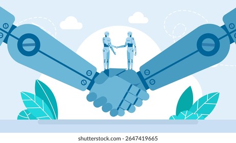 Collaboration, partnership, relationship between artificial intelligence. Two robots shaking hands. Close-up of robotic hands. Handshake between robots. Handshake two robots. Vector illustration