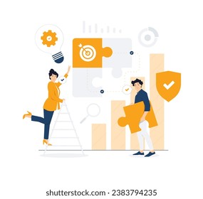 Collaboration, partnership, searching for creative solutions, people connecting and putting together a piece of puzzle , teamwork business concept illustration