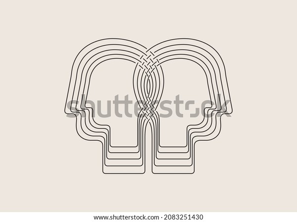 Collaboration people. Two intertwined human\
heads. Concept of empathy. Line design, editable strokes. Vector\
illustration.