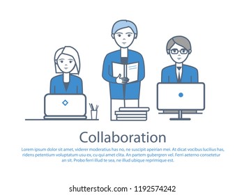 Collaboration people at work poster with text sample vector. Male reading documents information on pages. Male and female looking at laptop screens