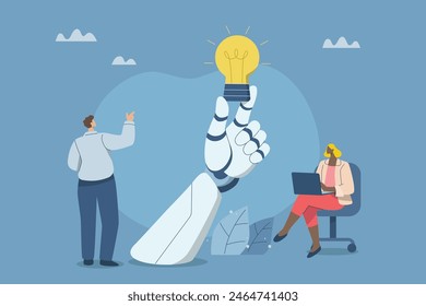 Colaboración de personal con inteligencia artificial o IA, Promoción de ideas y creatividad, Desarrollo de nuevos productos innovadores, Equipo de negocios trabajando con una mano robot que sostiene una bombilla.