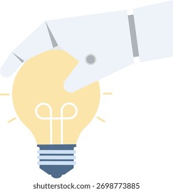 Collaboration of personnel with artificial intelligence or AI, Promoting ideas and creativity, Innovative new product development, Business team working with a robot hand that holds a light bulb.

