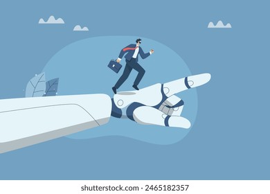 Collaboration of personnel with artificial intelligence, Setting goals to improve company growth with the support of AI, New innovative concept, Businessman runs up on robot hand pointing upwards.