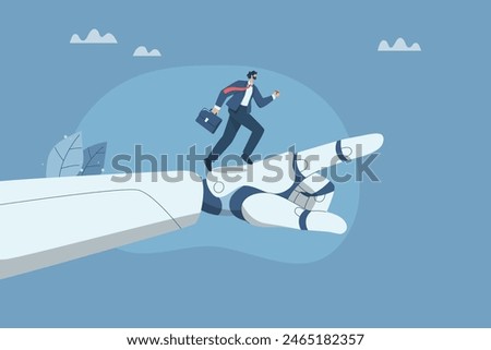 Collaboration of personnel with artificial intelligence, Setting goals to improve company growth with the support of AI, New innovative concept, Businessman runs up on robot hand pointing upwards.