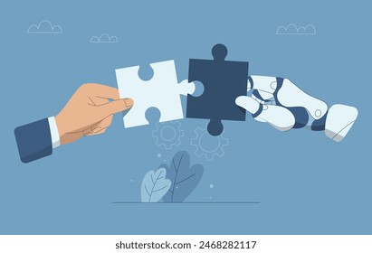 Collaboration of personnel with artificial intelligence, Teamwork with AI, Hand of businessman put together a jigsaw puzzle together with hand of  robot, Vector design illustration.