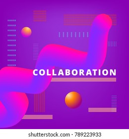 Collaboration phrase on color background with 3d abstract shapes. Template for graphic design — banner, poster, flyer, brochure, card. Vector illustration.
