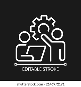 Collaboration pixel perfect white linear icon for dark theme. Group cooperation to work on project development. Thin line illustration. Isolated symbol for night mode. Editable stroke. Arial font used