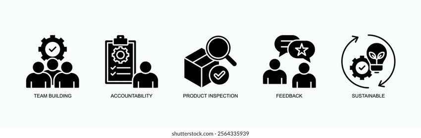 Collaboration And Quality Management Icon Set Vector Illustration Concept With Icon Of Team Building, Accountability, Product Inspection, Feedback, Sustainable In Glyph Style
