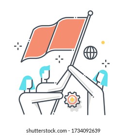 Collaboration related color line vector icon, illustration. The icon is about communication, team work, together, cooperate, flag, work, stick figures. The composition is infinitely scalable.