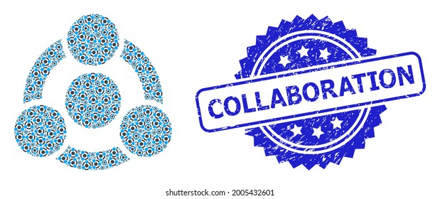 Collaboration scratched seal imitation and vector recursive collage collaboration. Blue seal has Collaboration text inside rosette. Vector collage is composed from random rotated collaboration icons.